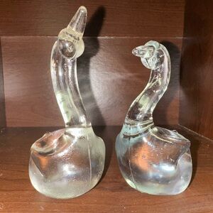 Hand Blown Art Glass SWANS Pair Clear Crystal‎ Controlled Bubbles ~ Vintage